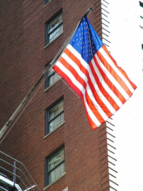 American flag in the city